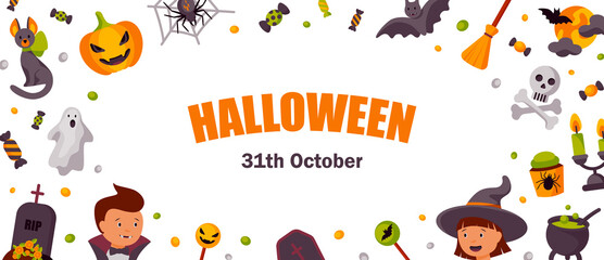 Halloween cute horizontal banner. Space for text. Vector illustration