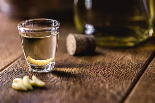 several glasses with mezcal (or mescal) is commonly known as "tequila with larva", an exotic Mexican drink, originally from the state of Oaxaca
