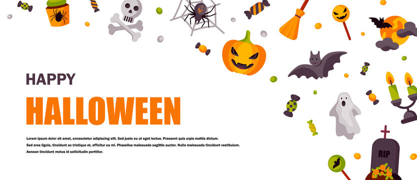 Halloween cute horizontal banner. Space for text. Vector illustration