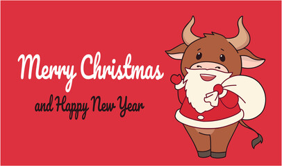 Cute ox wearing Santa costume. Christmas hand drawn vector illustration for greeting card.