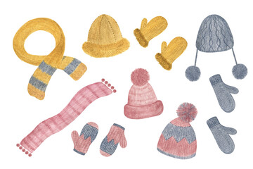 Soft pink, grey and yellow colored knitted warm hats, mittens, scarf set hand drawn watercolor illustration, feminine trendy headwear, winter accessory for Christmas holiday family celebration design