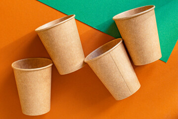 Eco friendly bioorganic starch tableware Zero waste disposable fast food containers made from recycled materials craft cutlery Plastic free food background rustic