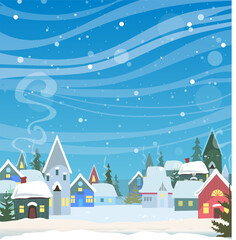 Winter background with  cute little houses. Vector illustration