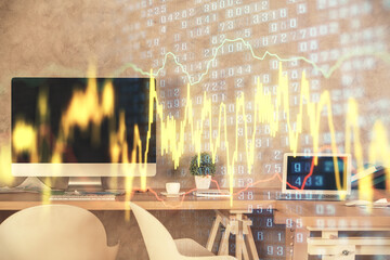 Multi exposure of financial graph drawing and office interior background. Concept of market analysis.