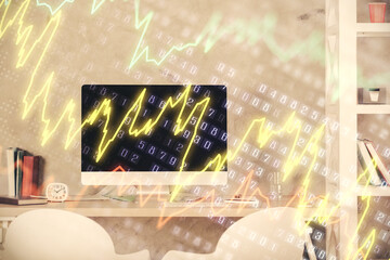 Multi exposure of stock market chart drawing and office interior background. Concept of financial...