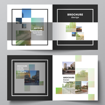 Vector layout of two covers templates for square design bifold brochure, flyer, magazine, cover design, book design, brochure cover. Abstract project with clipping mask green squares for your photo.