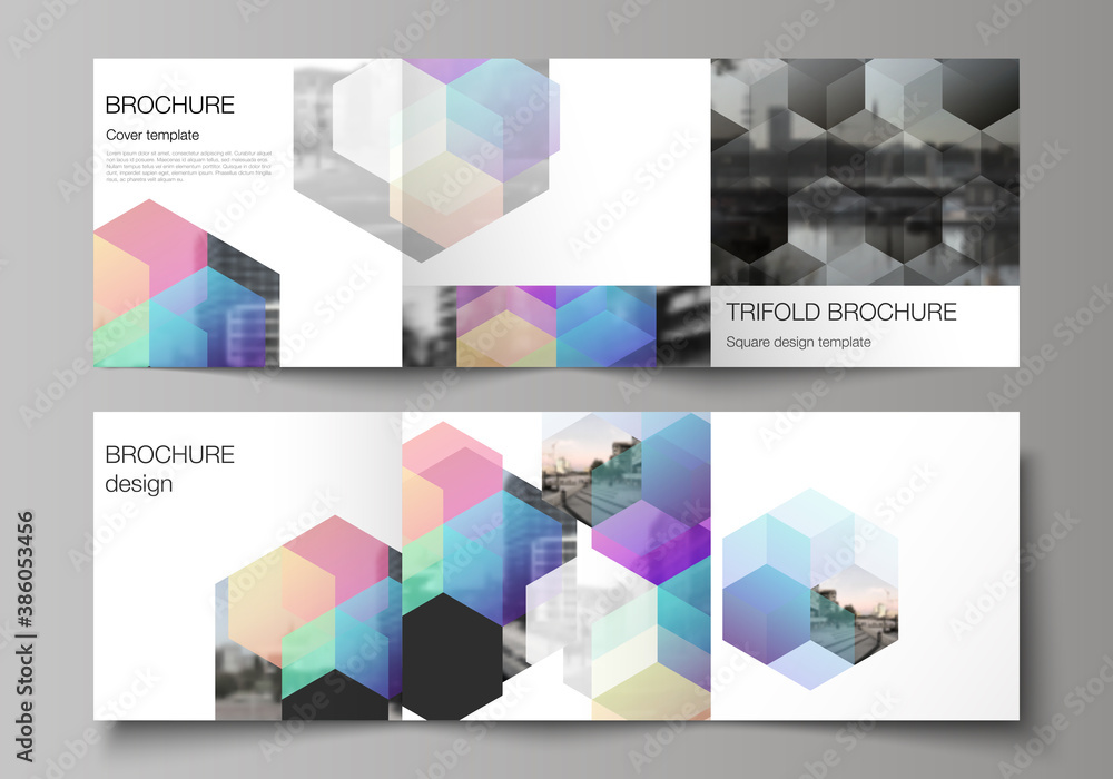 Poster vector layout of square format covers design templates with colorful hexagons, geometric shapes, tec