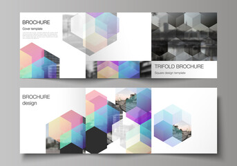 Vector layout of square format covers design templates with colorful hexagons, geometric shapes, tech background for trifold brochure, flyer, magazine, cover design, book design, brochure cover.