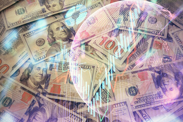 Multi exposure of forex chart drawing over us dollars bill background. Concept of financial success markets.