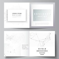 Vector layout of two covers templates for square bifold brochure, flyer, magazine, cover design, book design, brochure cover. Gray technology background with connecting lines and dots. Network concept