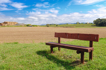 Fototapeta premium Wooden fence on a green field meadow rural landscape under a blue sunny sky