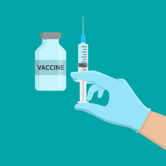 vaccine bottle and hand holding syringe, injection flat design vector illustration