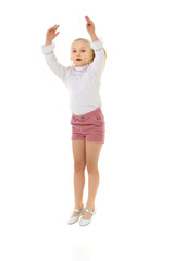 The little girl is jumping fun.The concept of a good mood, summer vacation.