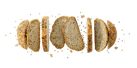 Cutting slices of wheat rye loaf bread with pumpkin and sesame seeds isolated on white