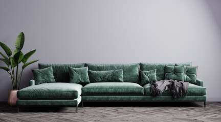 Stylish interior of bright living room with green sofa and plant. Living room interior mockup. Loft design room with bright daylight. 3d rendering