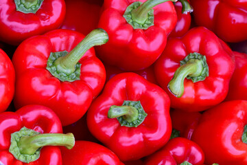 Bright red peppers for sale at a local farm stand.  Closeup. Horizontal.