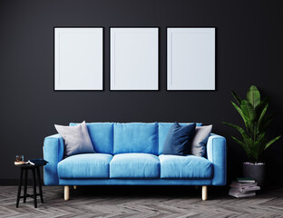 Modern living room interior background with bright blue sofa and dark wall, Scandinavian style, 3D illustration. Living room mockup. 3d rendering