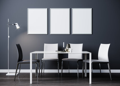 Black vertical poster frame mock up in dinning room modern interior with luxury white and black chairs and table with wooden floor and gray wall, 3d rendering