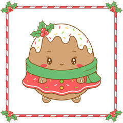 Merry Christmas cute coloring ginger cookie girl drawing with red berry and green scarf for winter season
