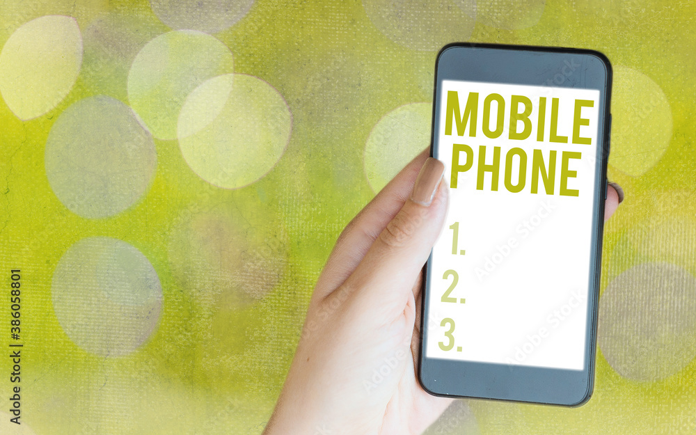Poster writing note showing mobile phone. business concept for a handheld device used to send receive calls