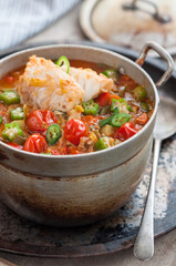 Homemade Fish Stew with Tomatoes and Okra. Cajun-Style Fish Gumbo