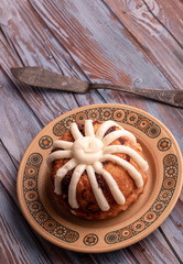 Decorated cake on rustic background