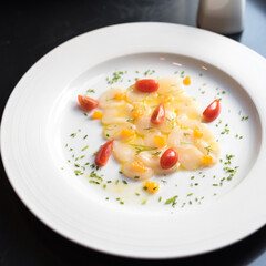 Sea Scallop Carpaccio with Tomatoes, Raw Seafood Appetizer