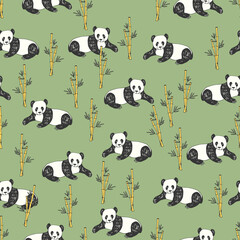China panda animal hand drawn seamless vector pattern