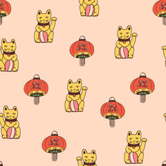 China cats and lights hand drawn objects seamless vector pattern