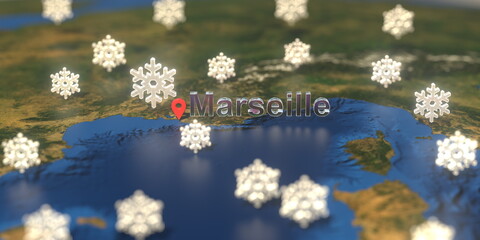 Snowy weather icons near Marseille city on the map, weather forecast related 3D rendering