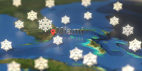 Miami city and snowy weather icon on the map, weather forecast related 3D rendering