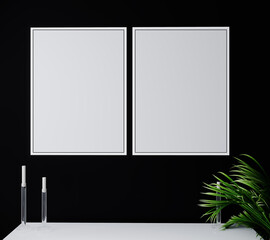 Mockup two poster frame in modern black interior background with plant, Scandinavian style, 3D render, 3D illustration