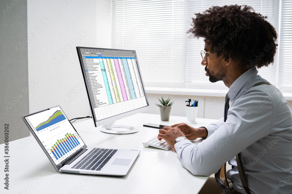Poster analyst employee working with spreadsheet