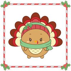 Merry Christmas cute thanksgiving turkey drawing with red hat and green scarf for winter season