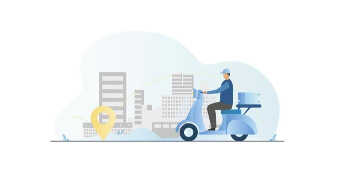 Man in helmet on motorcycle rides to delivery point in the city. Delivery of orders of goods, products to the client at home.
Promotional video footage. Blue background. Animation.