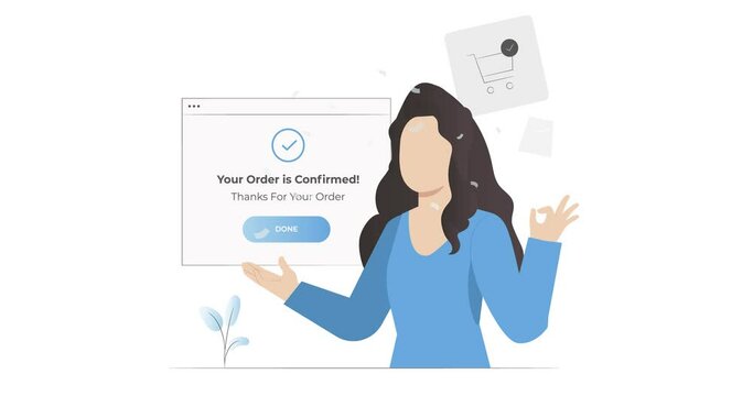 Woman confirms business success. Confirmation and approval of order, operation, payment. Girl shows successful purchase in online store. Animation footage video.