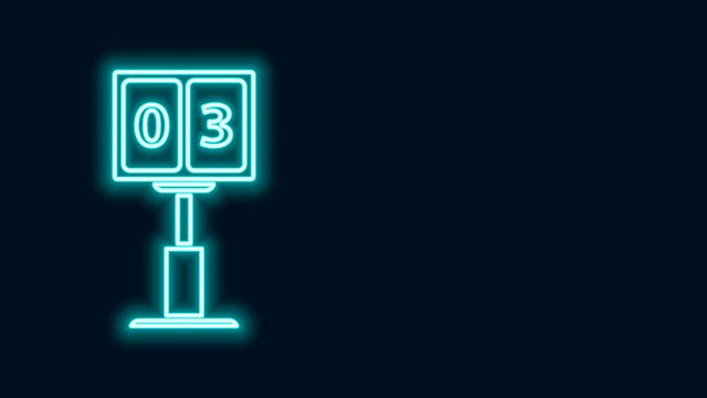 Glowing neon line Sport football mechanical scoreboard and result display icon isolated on black background. 4K Video motion graphic animation