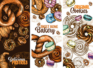 A set of raster postcards with pastries, buns, cookies, donuts and other Goodies. Colorful illustration for the cover of the restaurant menu.