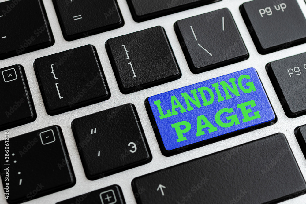 Poster Text sign showing Landing Page. Business photo text Website accessed by clicking a link on another web page Different Colored PC keyboard key With Accessories on Empty background