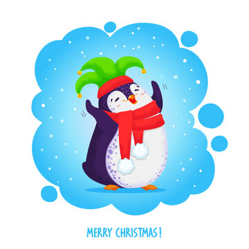 Happy dancing penguin in an elven hat and red scarf. Cartoon vector illustration. Pre-made postcard with text Merry Christmas.
