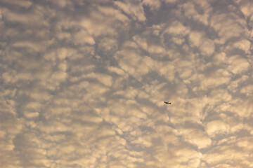 Cielo nuboso con la silueta dinimuta de un avión.