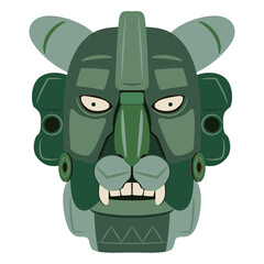 Jade mask of Zapotec Indians from Monte Alban. Pre Columbian Native American art. Head of fantastic character. Jaguar man. - obrazy, fototapety, plakaty