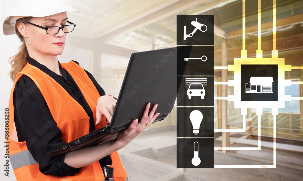 Poster installation of the smart home system. a female engineer is designing a smart home system for a cott