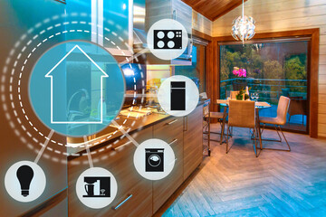 Smart home control concept. The cottage has a Smart home system. The application 
