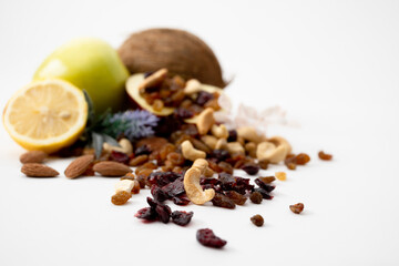 decoration with apple, almond, cashew, raisins, coconut, lemon and healthy life healthy food organic food middle