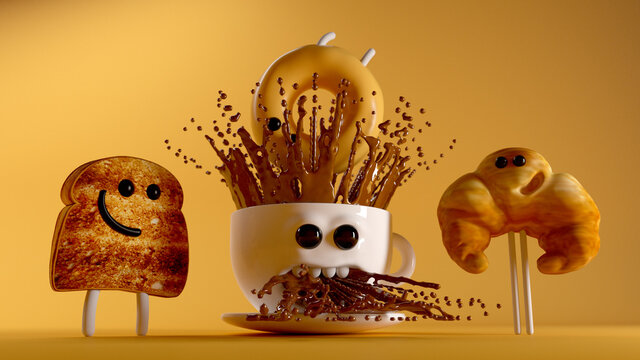 Breakfast Crew. 3d illustration. A donut, a toast a strong croissant and a chocolate cup
