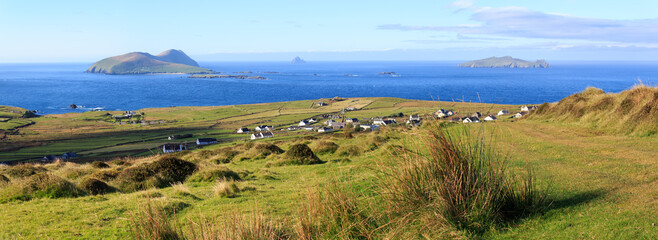 Panorama of The Blasket Islands viewed from the slopes of Cruach Mh&aacute;rthain on the Dingle Peninsula along the Wild Atlantic Way in Ireland