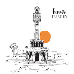 Drawing sketch of the clock tower at Konak Square in Izmir, Turkey - obrazy, fototapety, plakaty