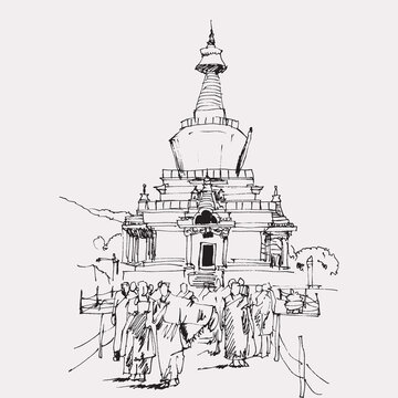 recommend clip art: Drawing sketch illustration of the Memorial Chorten in Thimpu, Bhutan