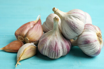 Fresh unpeeled garlic bulbs and cloves on light blue wooden table, closeup. Organic product